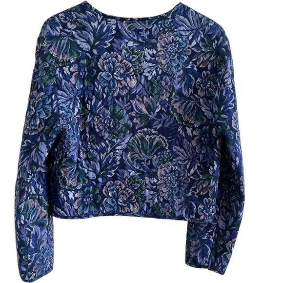 Vintage First Option Floral Diamond Quilted Crop Jacket M Blue Cottagecore Boho - Picture 2 of 9